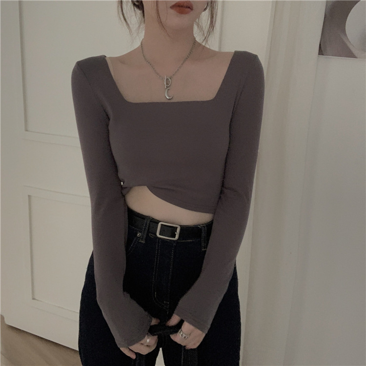 Áo Thun Nữ Cổ Vuông Nỉ Dài Tay Dáng Ngắn Áo Croptop Dài Tay Quảng Châu Cao Cấp Thun Thu Đông Body LIZ-A349.1