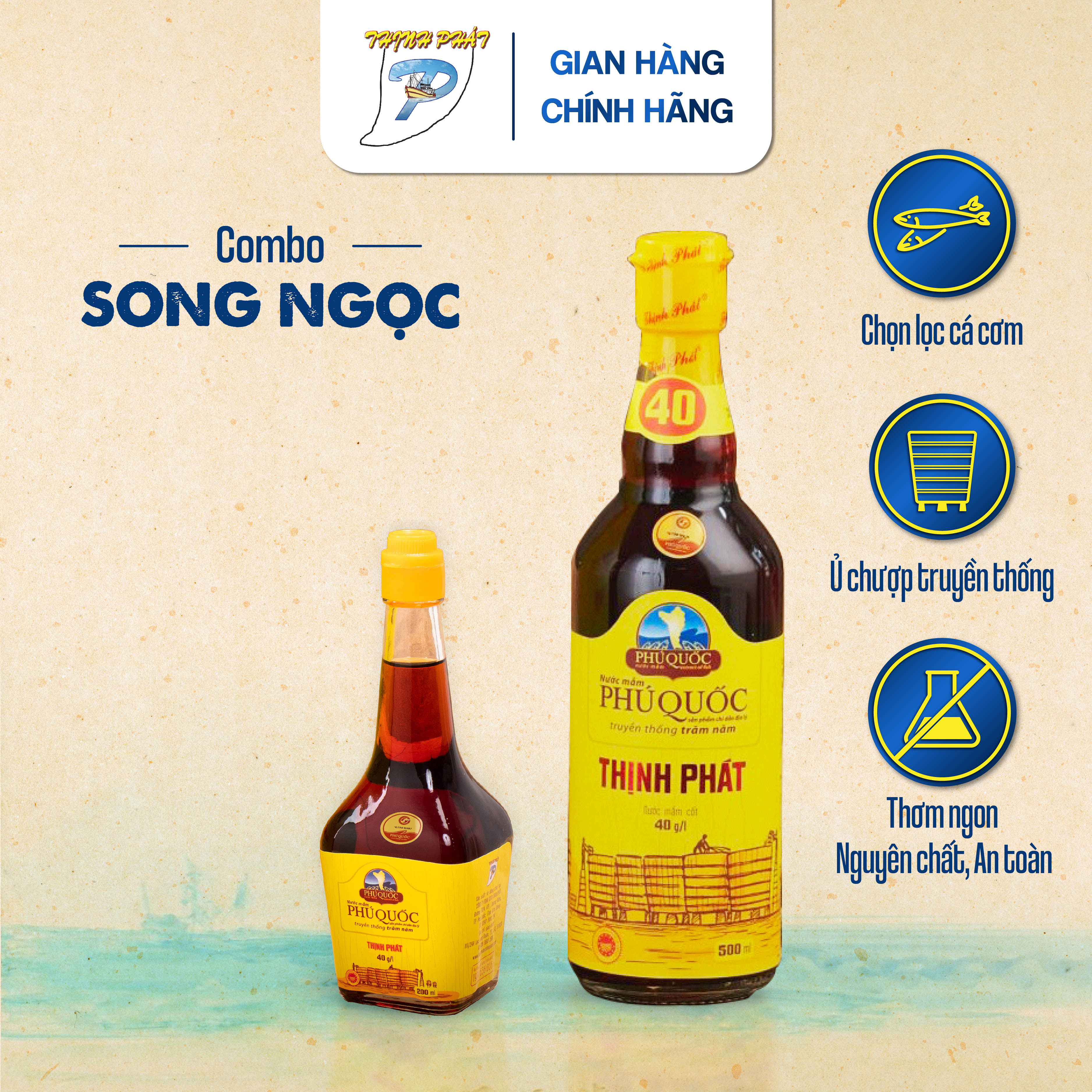 Combo Song Ngọc chai Hồng Ngọc 500ml 40 độ đạm và chai Ngọc Bích 200ml 40 độ đạm nước mắm truyền thống Phú Quốc Thịnh Phát- chai thuỷ tinh