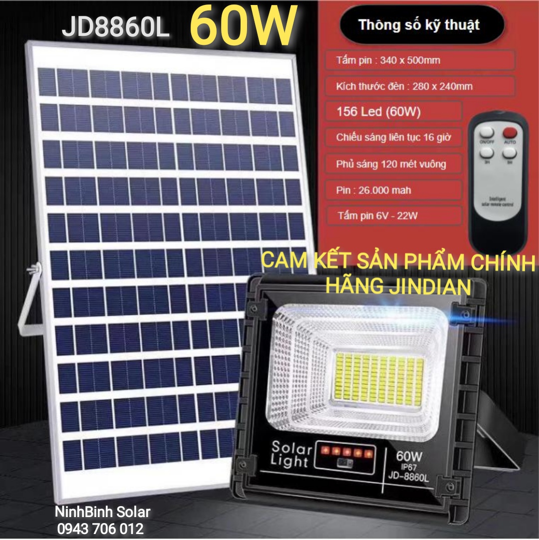 Đèn Pha Năng Lượng Mặt Trời 60W JD8860L Chính Hãng Jindian Cam Kết BH 2 Năm