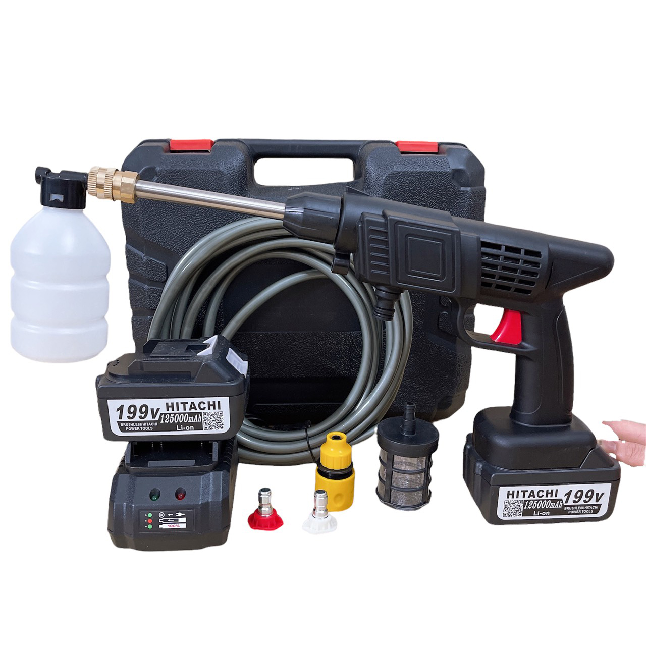 Súng rửa xe dùng pin Hitachi 199V Kèm 2 pin 10 Cell Dụng cụ cần thiết cho vệ sinh nhà, điều hoà,  tưới lan và hoa