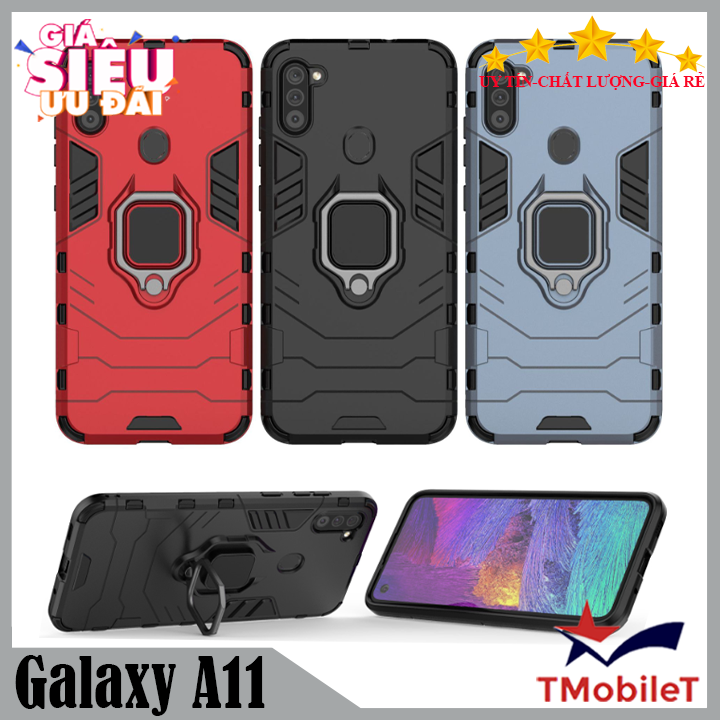Ốp lưng Samsung Galaxy A11 chống sốc Iron Man gắn giá đỡ iring hỗ trợ xem video, chống va đập mạnh - Màu Đen
