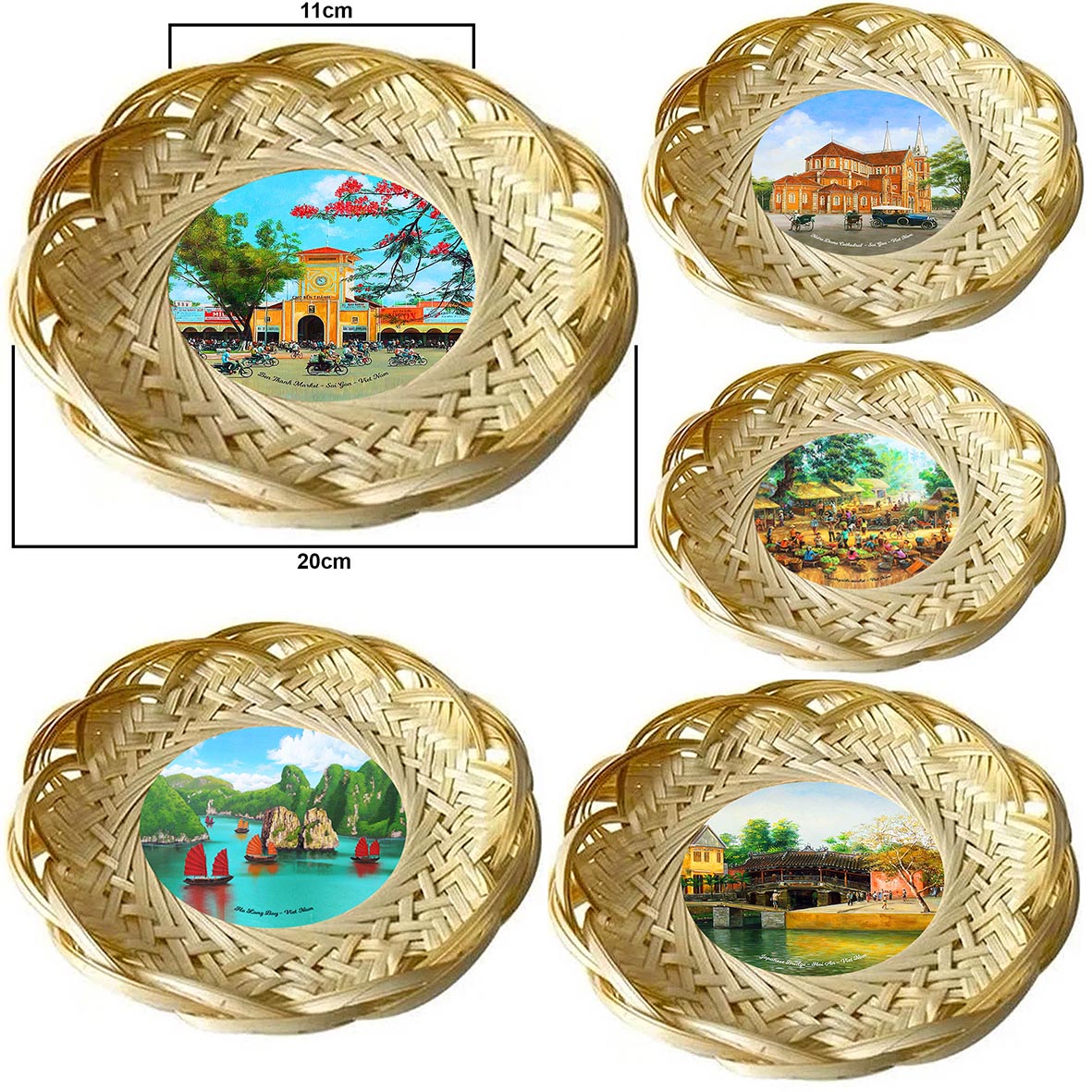 Bamboo Plates, Decorative Bamboo Plates Woven with Lotus Petals Printed with Hand-Painted Paintings of Vietnamese Countryside Landscapes, Handicraft Souvenirs