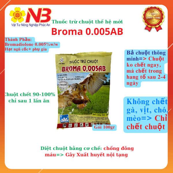 Thuốc trừ chuột Broma 0.005AB 100gr- chuột chết 90-100% trong 3-6 ngày- Năm bưu