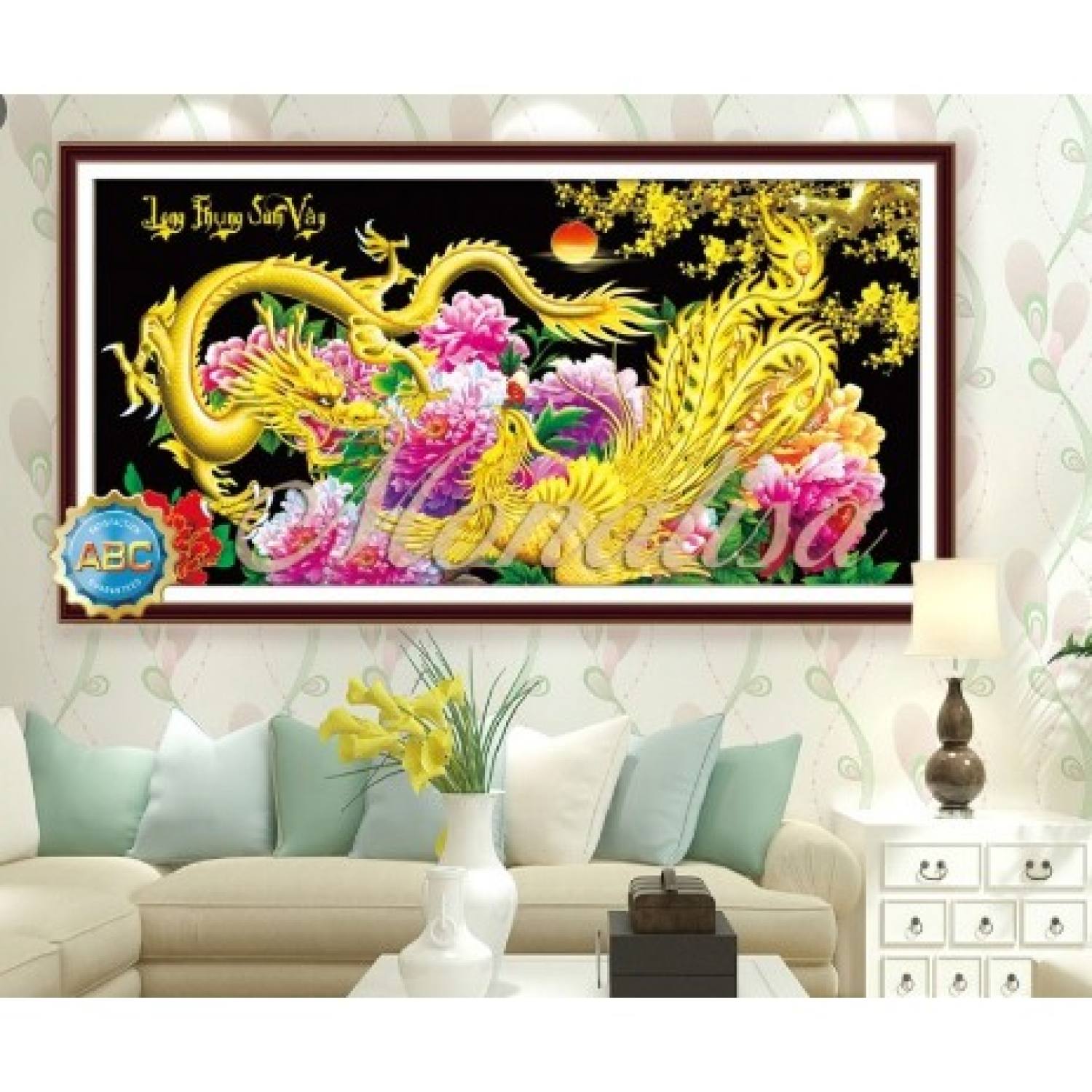 Tranh thêu Long phụng sum vầy kt 95x54 cm