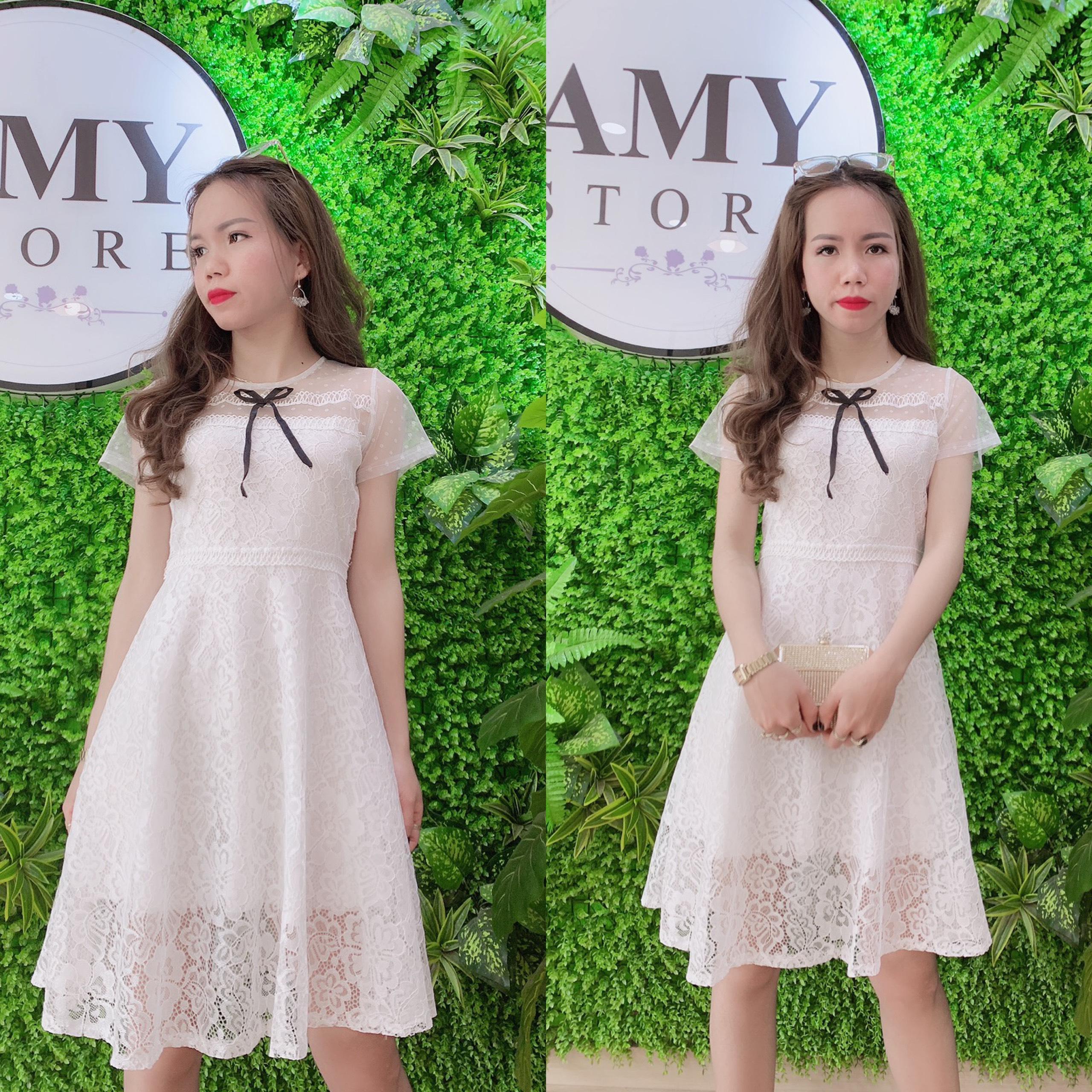 Đầm ren dự tiệc váy ren dự tiệc dáng xoè kèm nơ xinh
