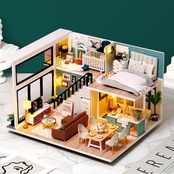 Nhà mô hình đồ chơi bằng gỗ cho búp bê bé tự lắp ráp diy doll house L031