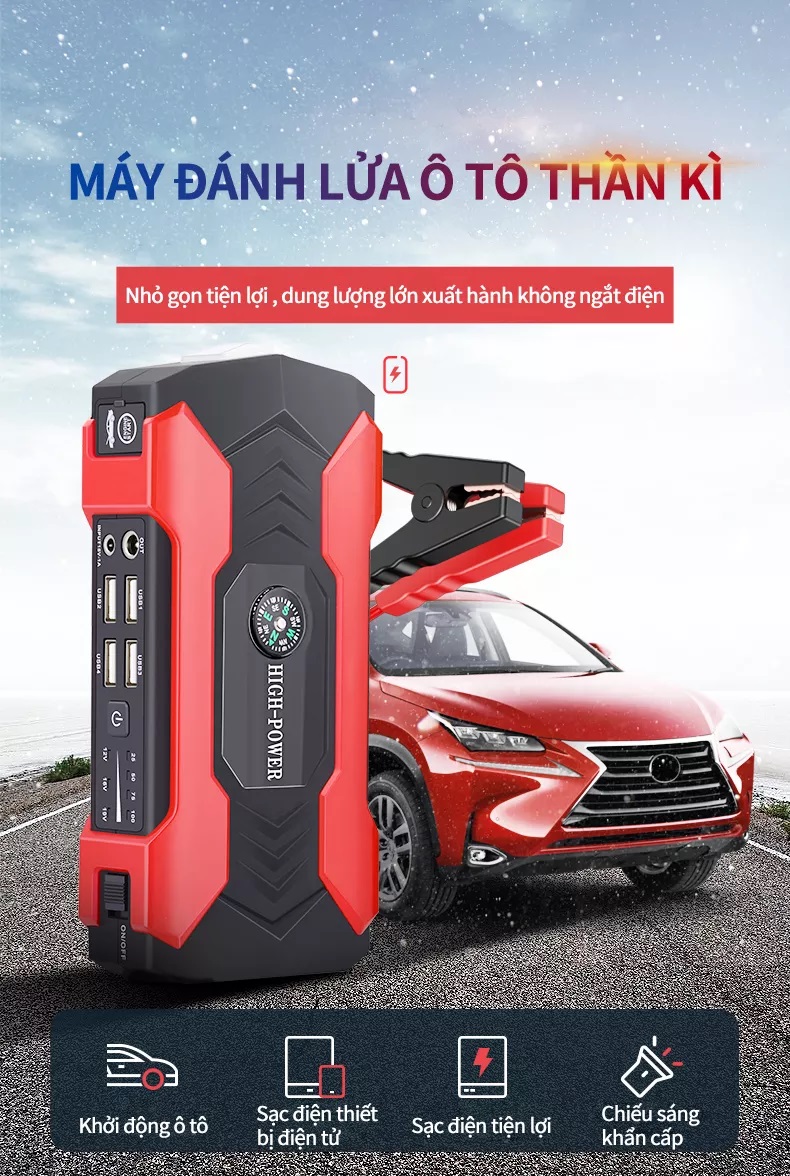 Bộ kích điện khẩn cấp cho xe hơi cao cấp tính hợp sạc dự phòng, có đèn led khẩn cấp, la bàn, búa phá cửa khẩn cấp, dung lượng pin lớn, dòng điện ổn định chuyên kích nổ ô tô..bh 12 tháng