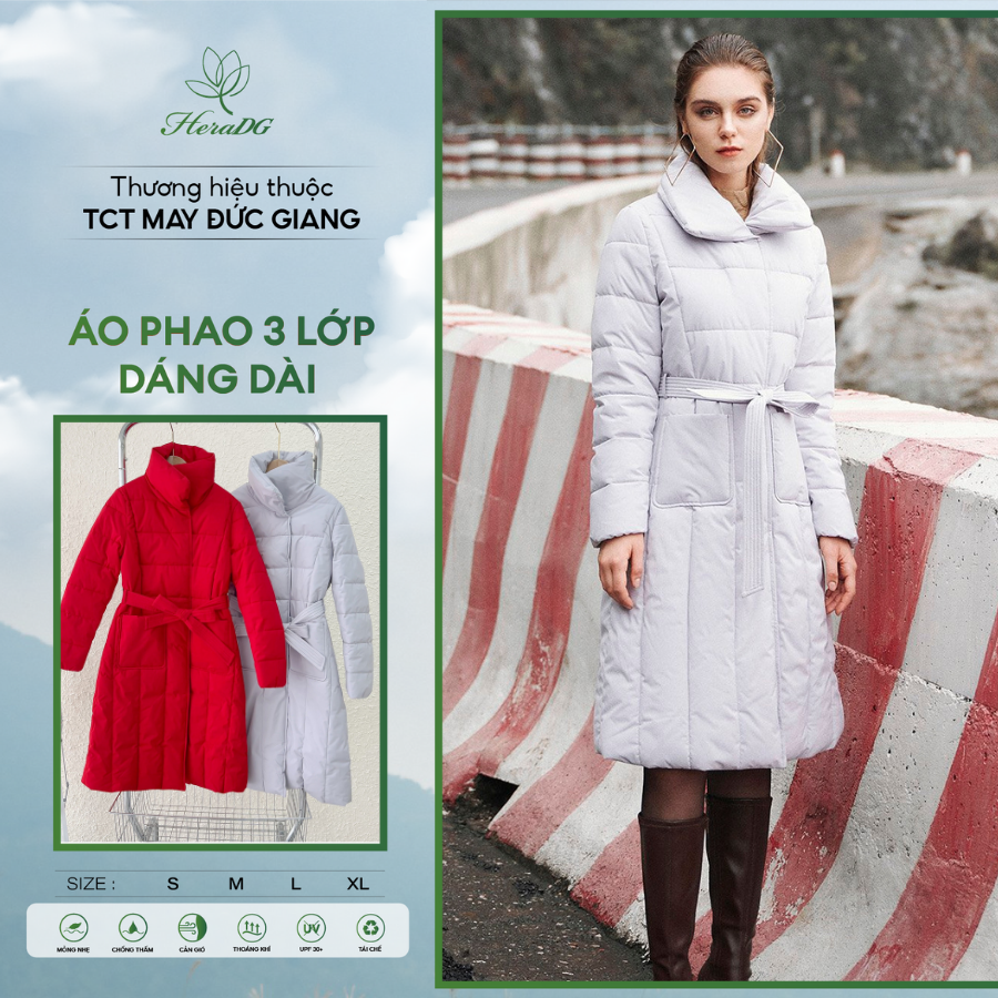[Voucher 15% MOV 199K cap 100K  Áo khoác phao dáng dài HeraDG thiết kế trần bông 3 lớp, cổ bẻ kèm đai chất liệu xanh Recycle Polyester WJKBB2001