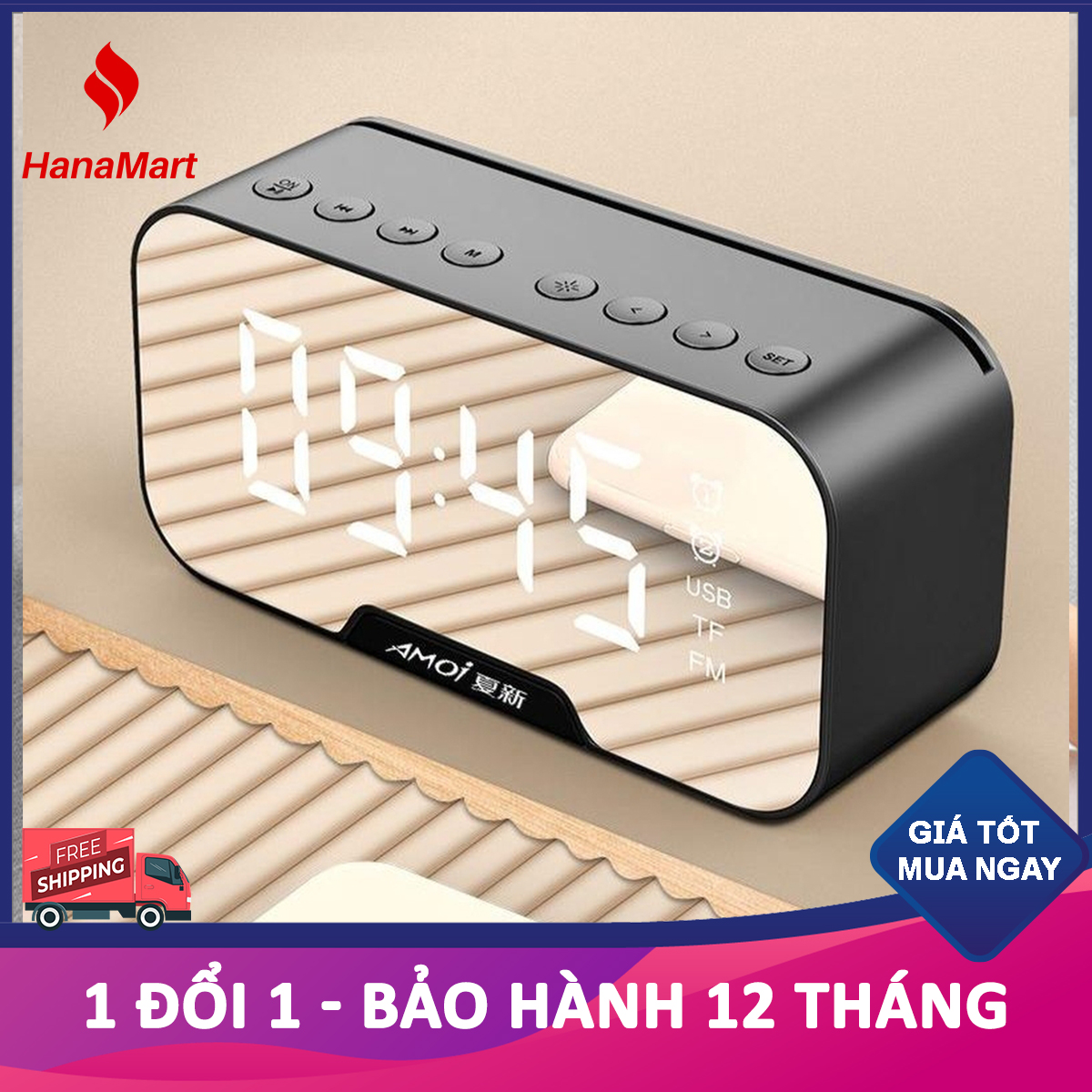 Loa Bluetooth mini AMOI kết nối điện thoại máy vi tính dùng nghe nhạc âm thanh to rõ như loa karaoke loa kẹo kéo có màn hình led kiêm đồng hồ báo thức hỗ trợ thẻ nhớ  - Mã giảm giá "G5" - HanaMart