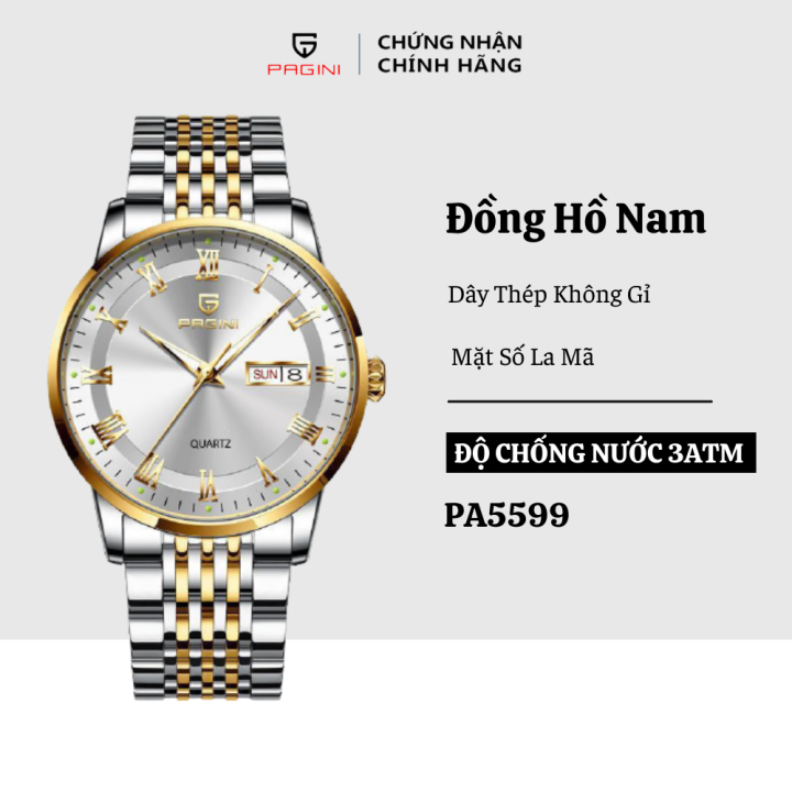 Đồng Hồ Chính Hãng - Đồng Hồ Nam Pagini PA5599 Dây Thép Không Gỉ - Kim Dạ Quang Cao Cấp - TQVSTORE