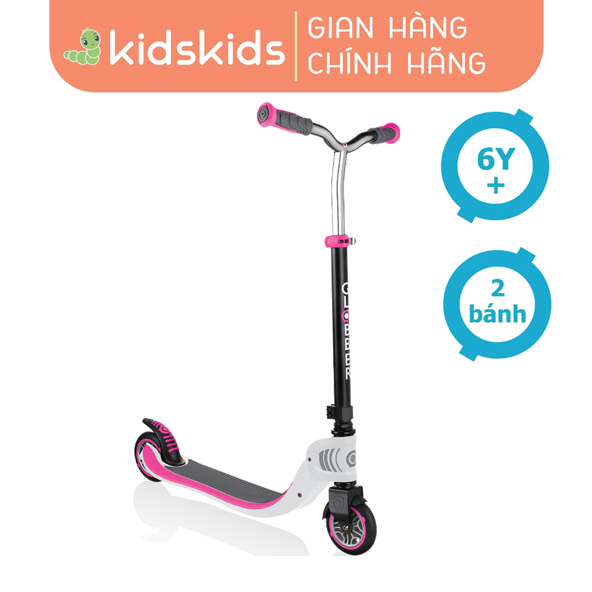 Xe trượt scooter 2 bánh globber flow foldable 125 cho trẻ em, từ 6 tuổi - trắng/hồng