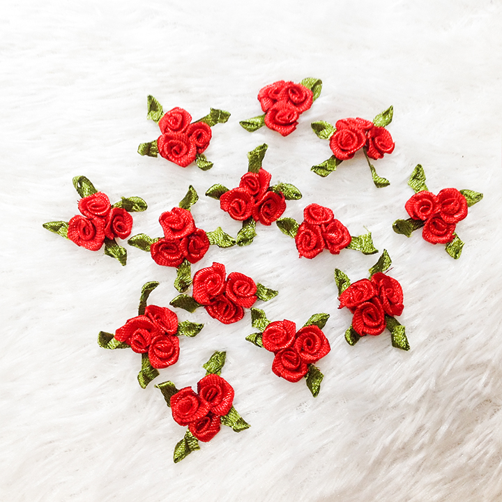 [SALE SỐC THÁNG 11] 5 Bông hồng ruy băng 3 nhụy Hoa hồng ruy băng 3d đính kết trang phục làm đồ handmade [GÓI 5 BÔNG]