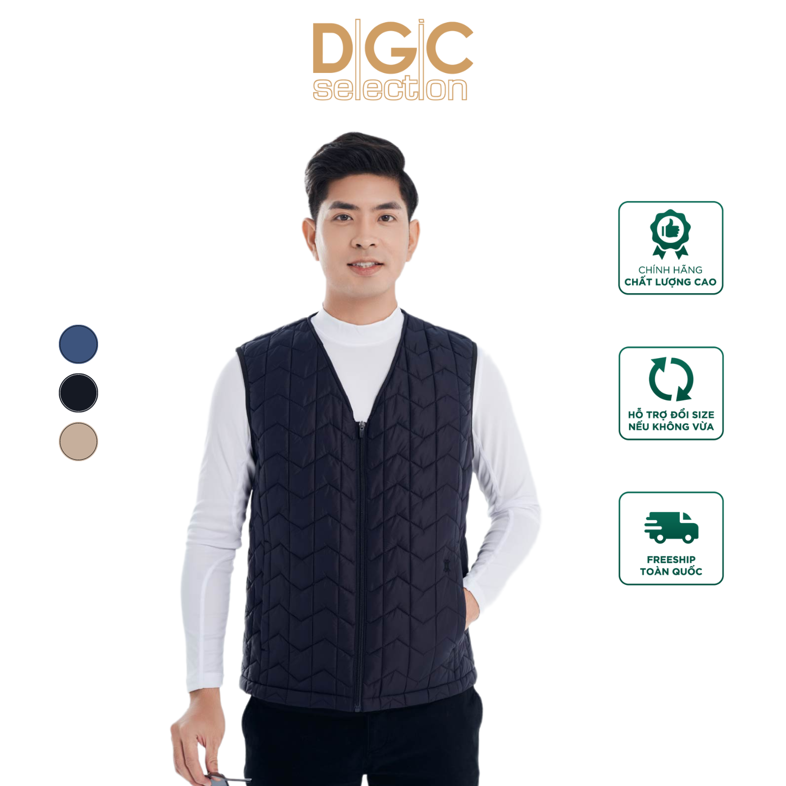  Áo phao gile nam cao cấp siêu nhẹ cổ chéo chần bông máy lập trình DGCs  -  WAJKBA09M 