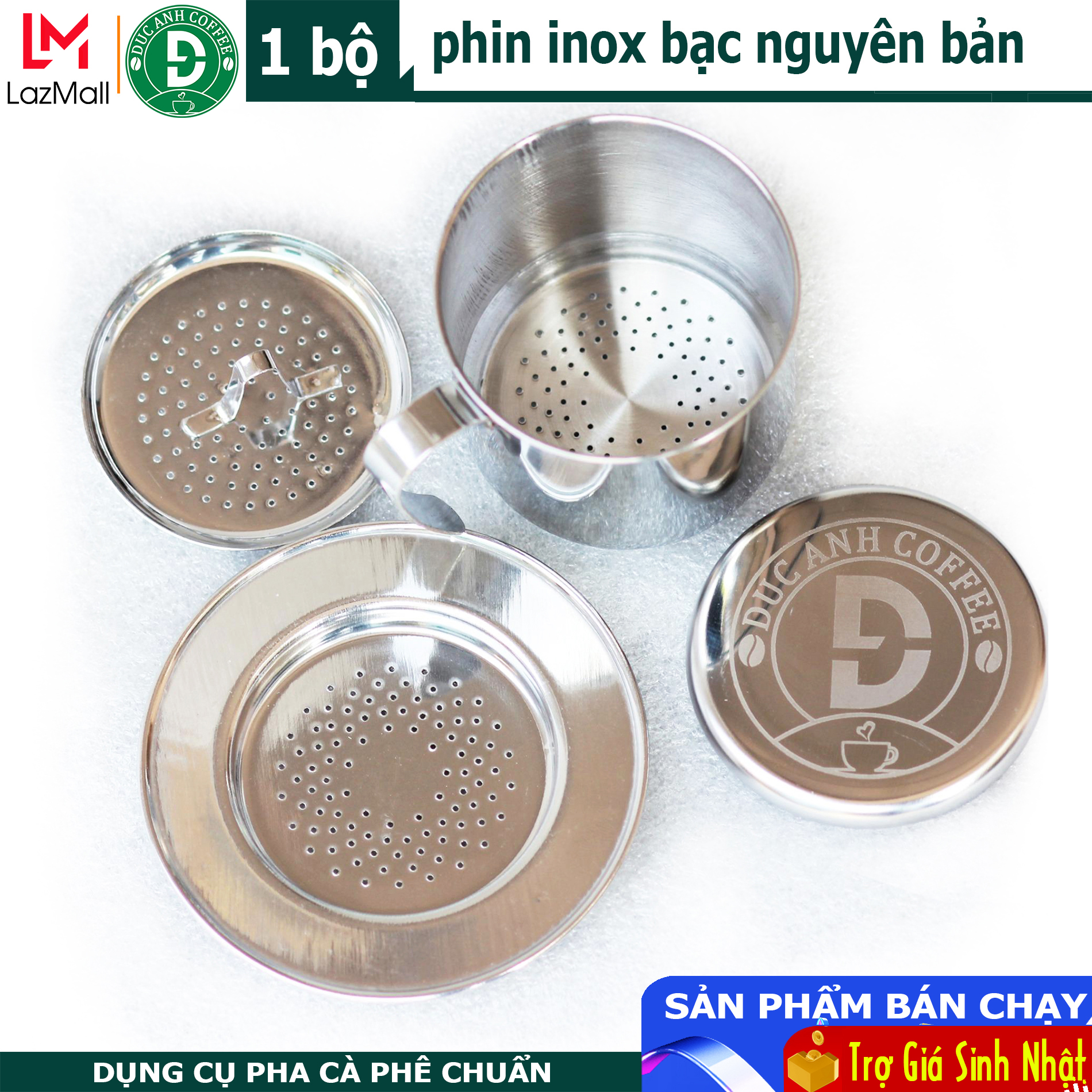 Phin bạc inox pha cà phê nguyên chất - phin dày, chuẩn - logo DUC ANH COFFEE, chất liệu cực dày phù hợp quán, hay gia đình thường xuyên sử dụng