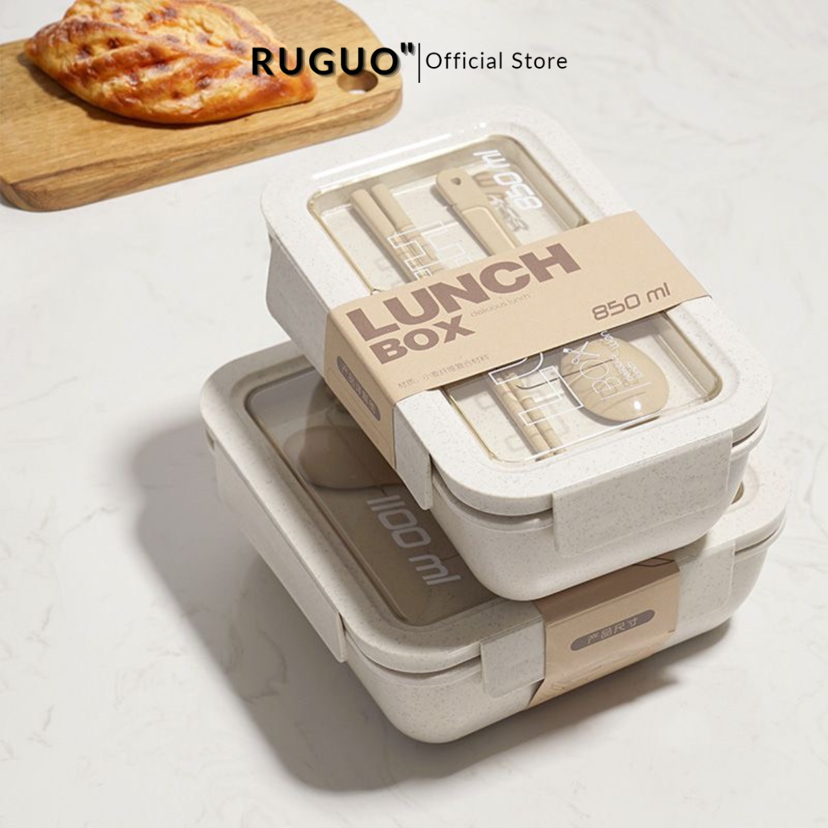 Hộp đựng cơm giữ nhiệt lúa mạch thiên nhiên Lunch Box 1100ml kèm muỗng đũa lúa mạch