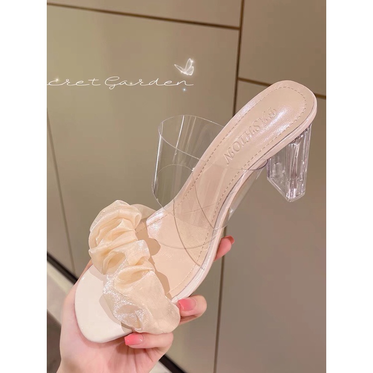 Dép guốc 7p 2 quai sang chảnh , giày sandal cao gót 7cm quai bèo phối quai trong cực xinh