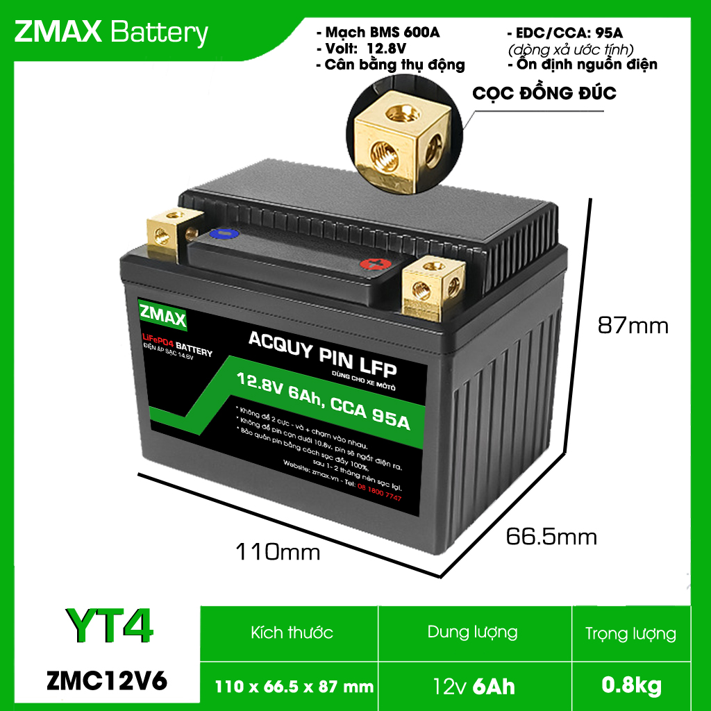 Zmax Lithium Lifepo4 Battery 12V 6Ah, Zm12V6-Yt4 for Motorcycles Giá 588,000 Đồng*Miễn phí vận chuyển
