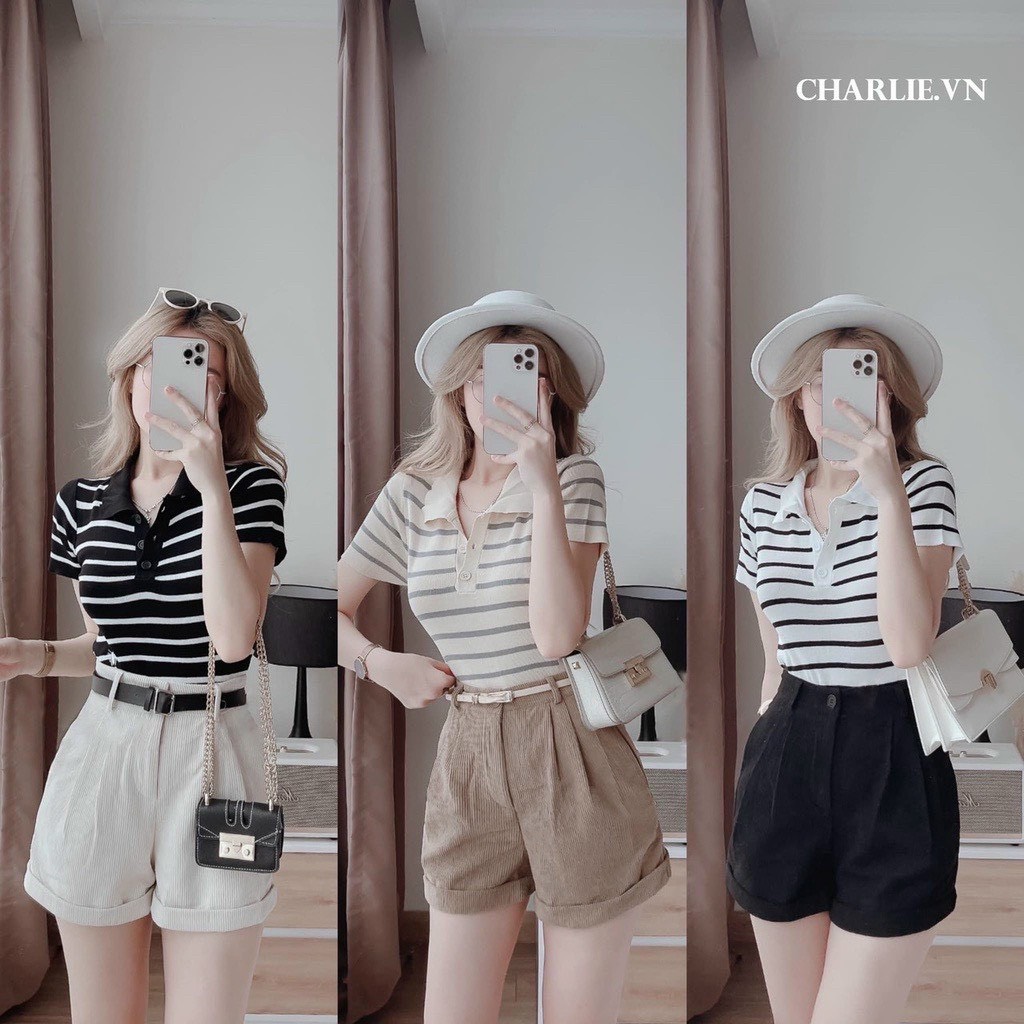 Áo len dệt kim nữ cổ polo thêu ong họa tiết kẻ cao cấp