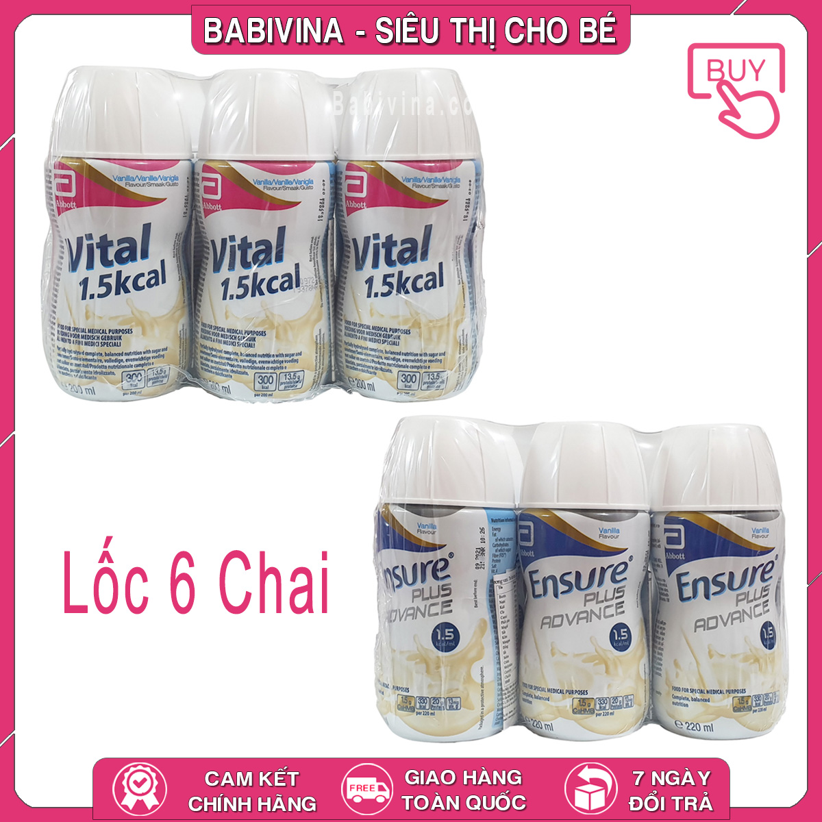 [CHÍNH HÃNG] Lốc 6 Chai - Sữa Nước Ensure Vital 200ml - Sữa Nước Ensure Plus Advance 220ml | Dinh Dưỡng Cho Người Bệnh Kém Hấp Thu, Người Ốm Yếu, Phẫu Thuật, Bệnh Nhân Ung Thư, Đường Ruột, Dạ Dày | Babivina