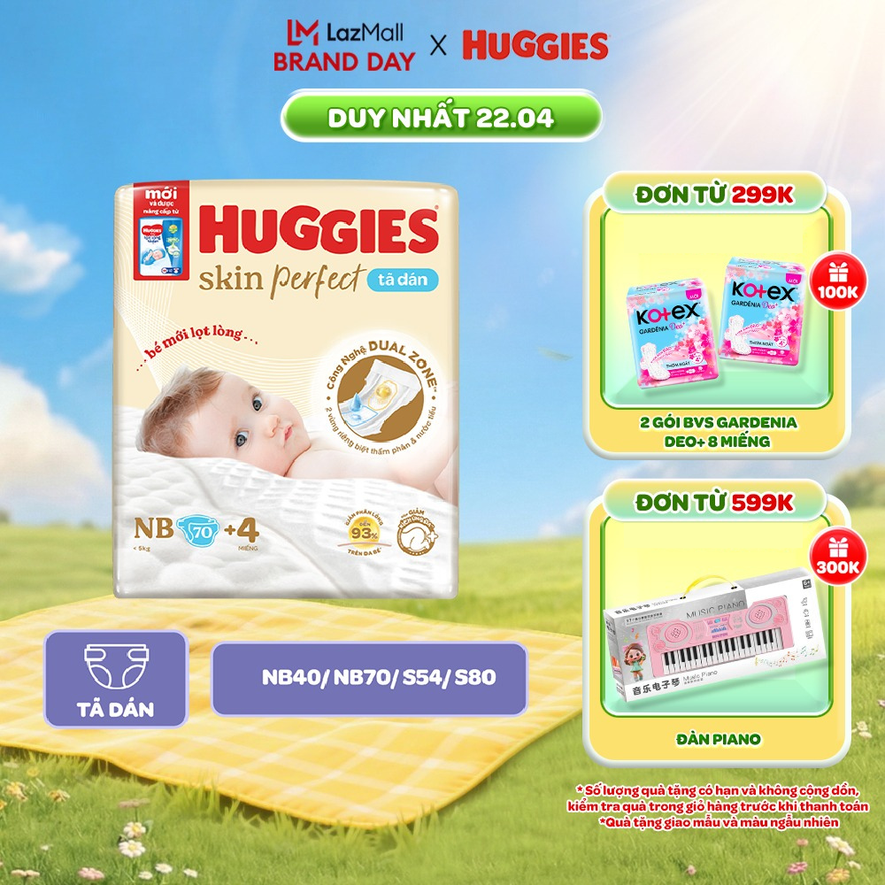 Tã/Bỉm Dán Sơ Sinh Huggies Skin Perfect NB/S với 2 Vùng Thấm Giảm Kích Ứng Da