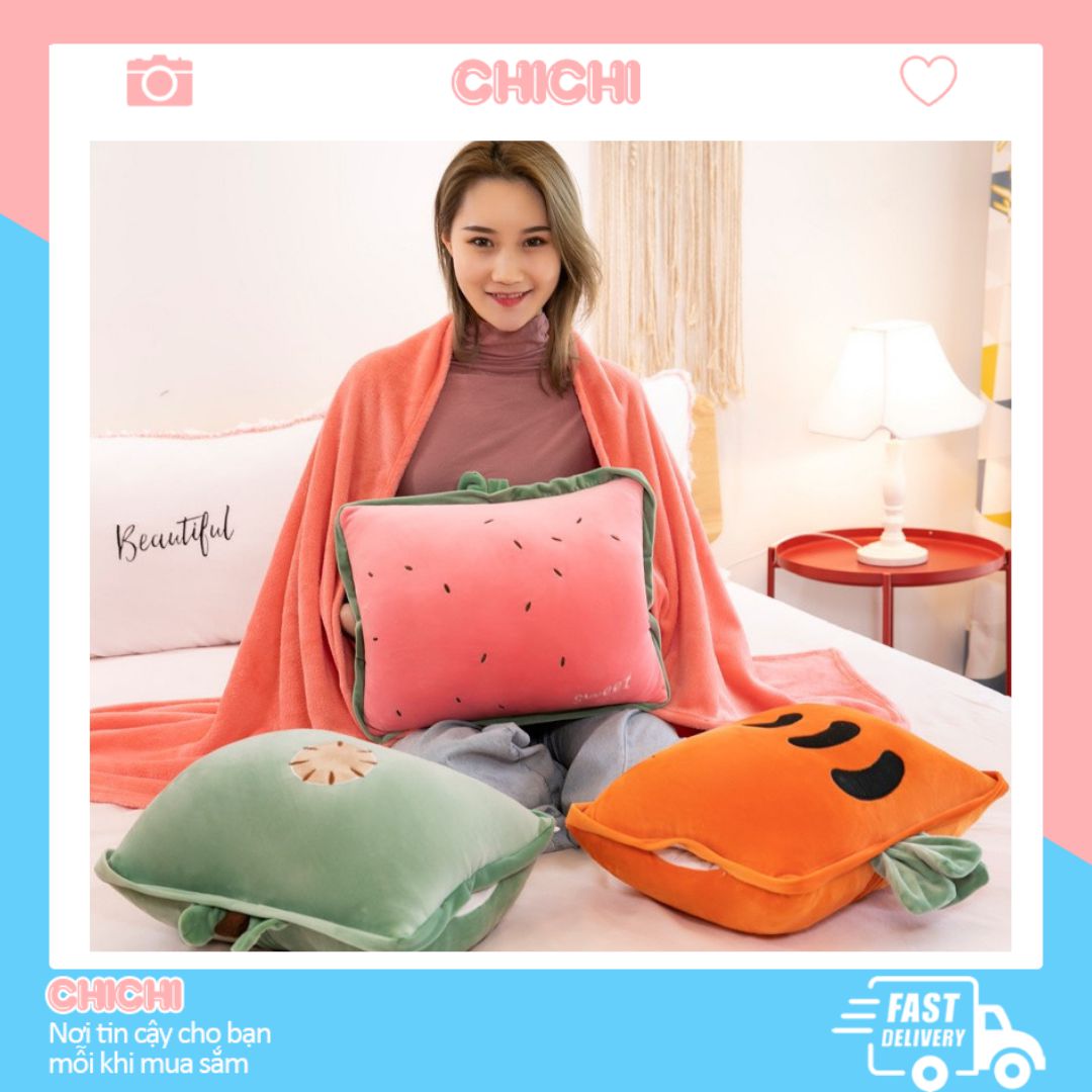 Bộ chăn gối văn phòng 3 trong 1 hình trái cây vuông dễ thương GM021 Chichigối mền ngủ văn phòng gấu bông kèm mền chất liệu nỉ nhung siêu mịn. siêu cute gọn nhẹtiện lợi..
