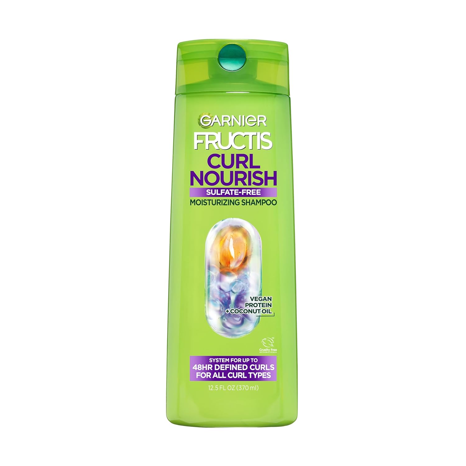 Dầu gội dưỡng ẩm Garnier Fructis Curl Nourish dành cho tóc xoăn, công thức protein thực vật và dầu dừa, giữ nếp xoăn đến 48 giờ, không chứa sulfate và thuần chay, 12.5 fl oz (Bao bì có thể thay đổi)