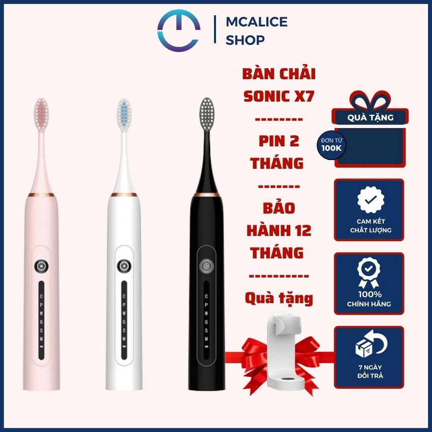 [BẢO HÀNH ĐỔI MỚI]Bàn Chải Điện Sonic X7 PRO - Công Nghệ Châu Âu - Rung siêu mạnh - sạc 1 lần dùng 2 tháng - TẶNG 3 ĐẦU BÀN CHẢI VÀ GIÁ ĐỂ BÀN CHẢI DÁN TƯỜNG - Lông bàn chải công nghệ Châu Âu - Làm sạch mảng bám