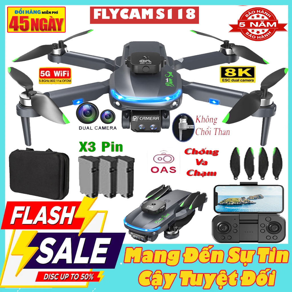 Máy Bay ĐIều Khiển Từ Xa Flycam S118 Pro Max 2023 Flycam Động Cơ Không Chổi Than Cảm Biến Chống Va Chạm 4 Hướng Với 3 Camera 8K Chống Rung