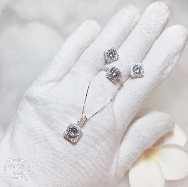 Bộ trang sức bạc 925 thời trang mặt đá vuông trẻ trung-JQN gian hàng chính hãng cam kết Bạc chuẩn, Chất lượng không lo đen xỉn