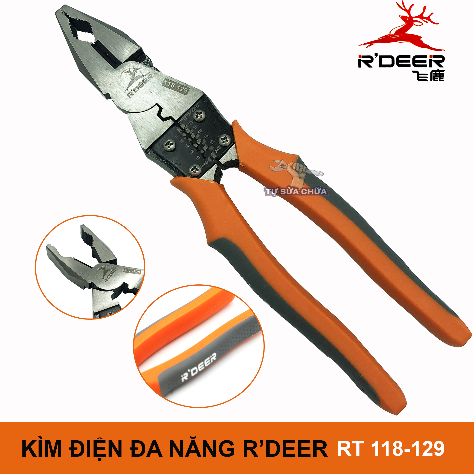 Kìm điện đa năng R'deer RT 118-129  9inch/225mm 4 trong 1 (Kẹp-Cắt-Uốn-Tuốt dây), Kìm điện đa năng, kiềm tuốt dây điện, Kềm cắt đa năng Kiềm Bấm Đa Năng, Kềm Tuốt Dây Điện, Bấm Đầu Cos, Cắt Dây Điện