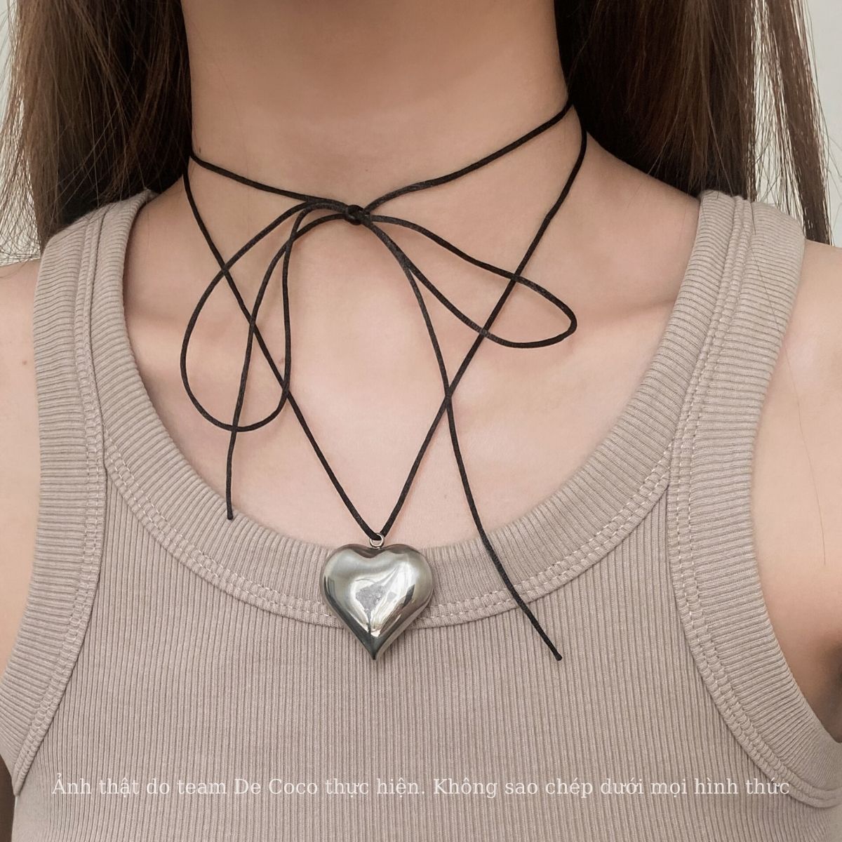 Không đen gỉ - vòng cổ, dây chuyền nữ trái tim phồng to puffy heart de coco