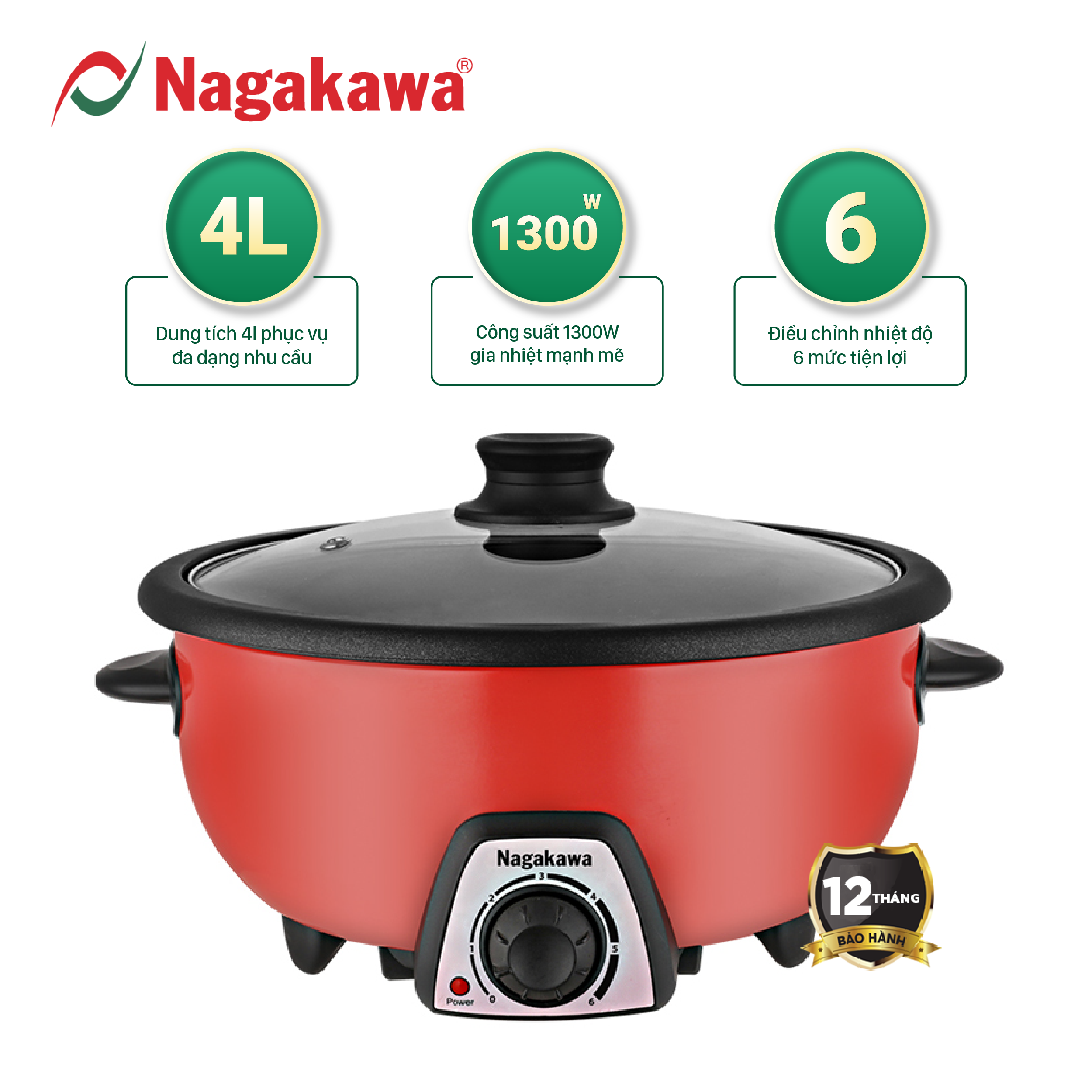 Lẩu điện Nagakawa NAG1904, chống dính cao cấp, dung tích 3.5L, công suất 1300W, đa chức năng nấu nướng