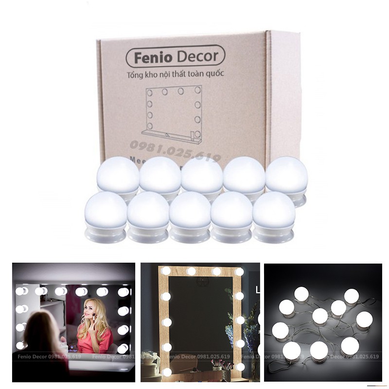 Đèn Led Dán Gương Trang Điểm Siêu Sáng, Bộ 10 Bóng, 3 Chế Độ Màu Ánh Sáng Lung Linh