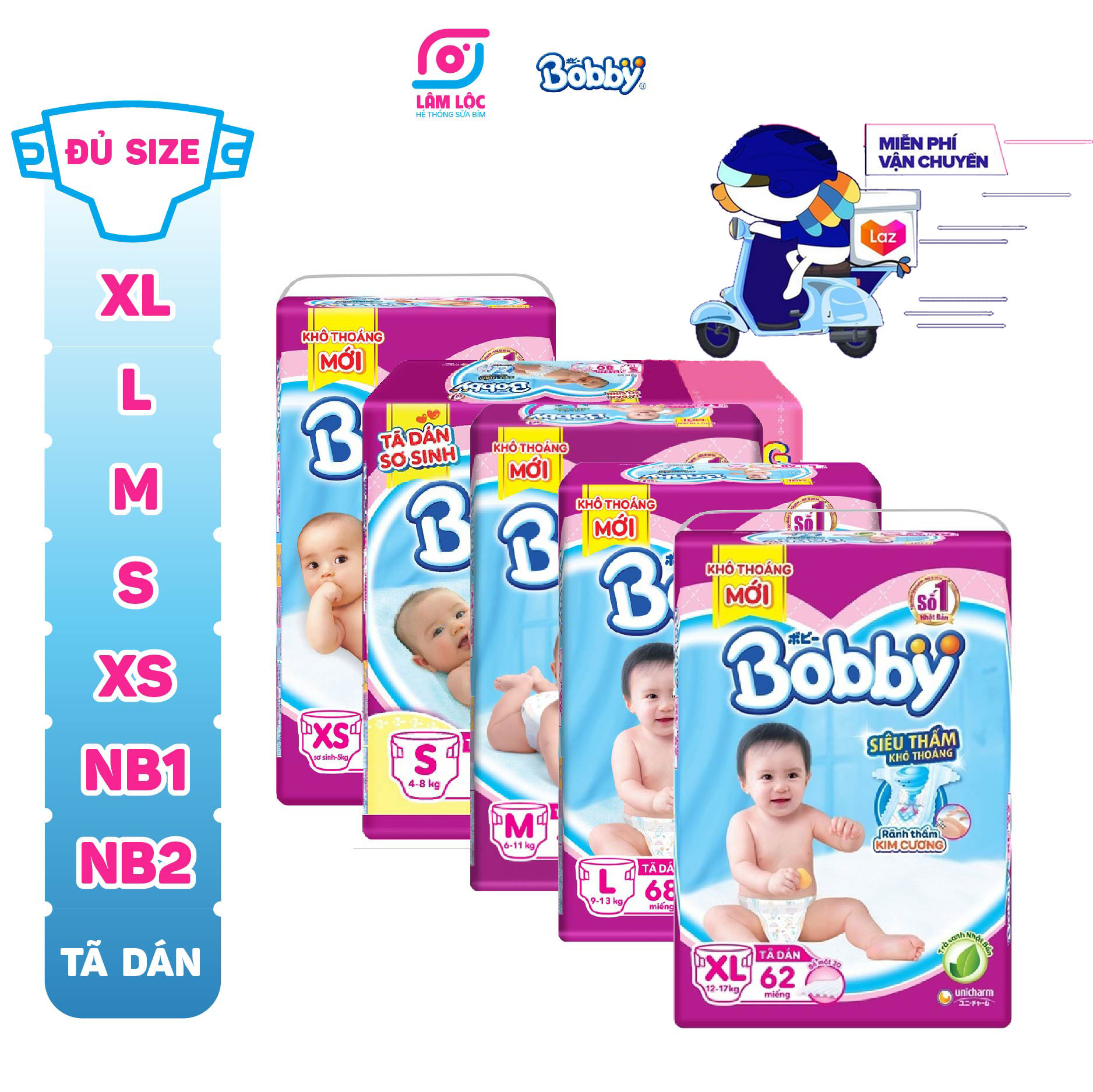Bỉm dán Bobby, tã dán Bobby gói lớn các size NB1 (108 miếng ), S88 miếng, M76 miếng, L68 miếng, XL62 miếng ( hỗ trợ phí ship, đánh giá 5 sao để nhận voucher 5k )