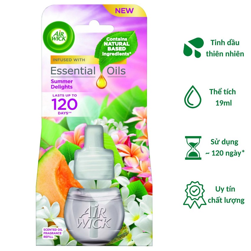 Chai tinh dầu cắm điện Air Wick Refill AWK2304 Summer Delights 19ml (Hương hoa lan trắng), sử dụng điện 220V, làm thơm phòng