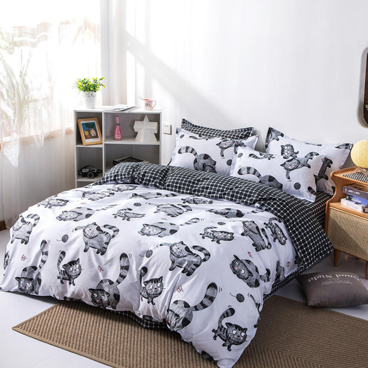 Trọn bộ 4 món chăn ga gối cotton poly nhập mẫu mèo xám