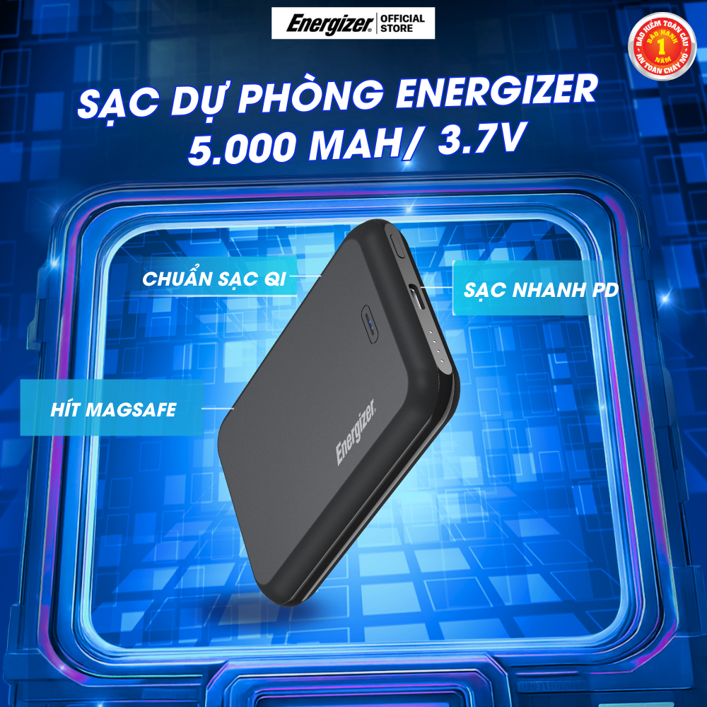  Sạc dự phòng Energizer 5000mAh QM5000 -Tích hợp sạc không dây,thiết kế từ tính - Hàng chính hãng bảo hành 2 năm 1 đổi 1 