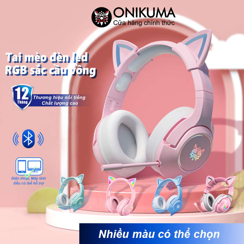 Tai nghe Mèo Chụp tai Chơi game Chống ồn ONIKUMA K9 Hồng Có mic RGB, Tay Headphone Bluetooth Gaming Không dây, Cho PC, Laptop, Máy tính, PS4, XBOX