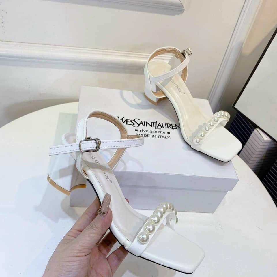Sandal Quai Ngang Đính Ngọc Cao Gót Nữ Gót Vuông Cao 7cm Mang Đi Tiệc Đi Chơi Đi Làm  Hàng Đẹp Có Sẵn