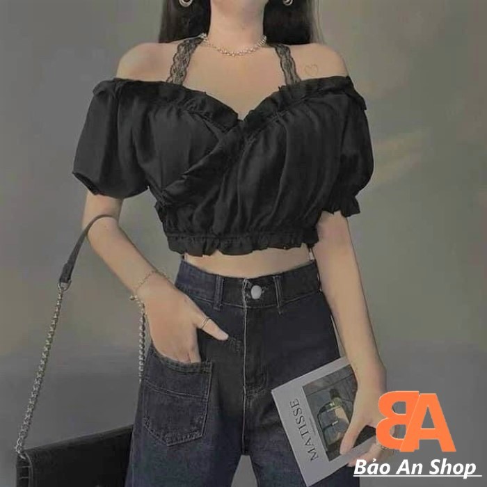 Áo croptop nữ kiểu bệt vai kate phối ren