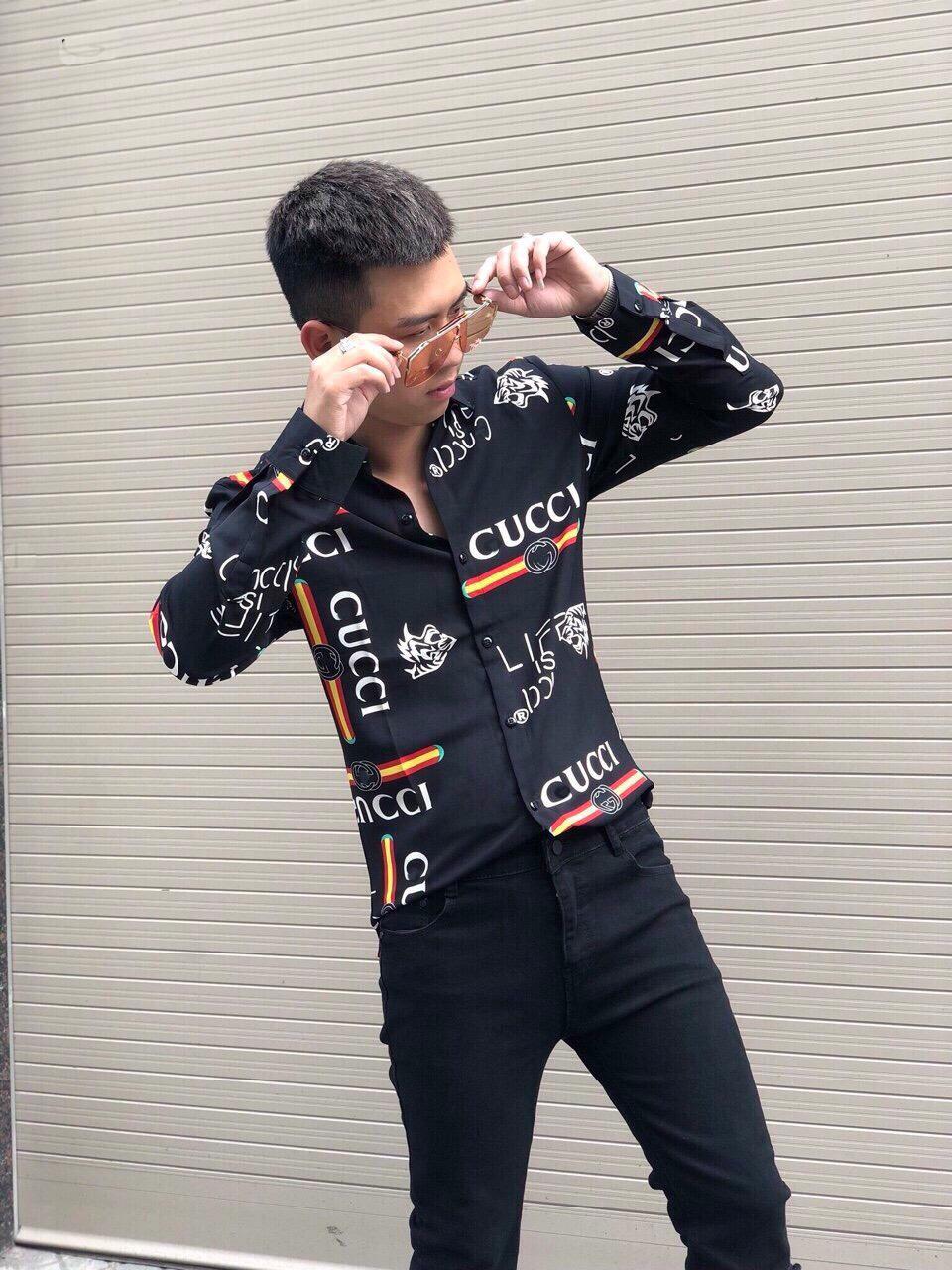 Áo sơ mi nam in 3D cucci chất lụa không nhăn