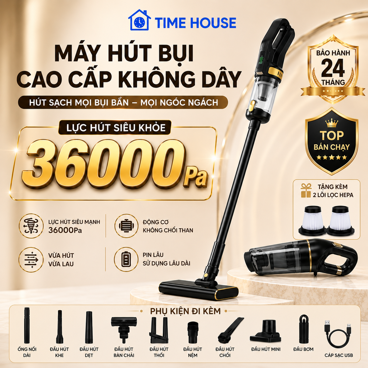 Time House High-End Cordless Vacuum Cleaner with 36000Pa Suction Power for Vacuuming and Mopping with Brushless Motor