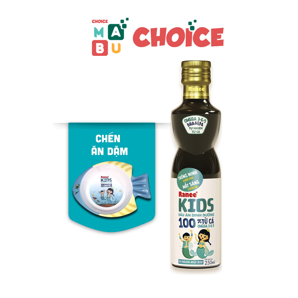 Dầu ăn dặm dinh dưỡng cho trẻ 100% từ cá Ranee Kids 250ml + tặng kèm chén ăn dặm cao cấp hình cá