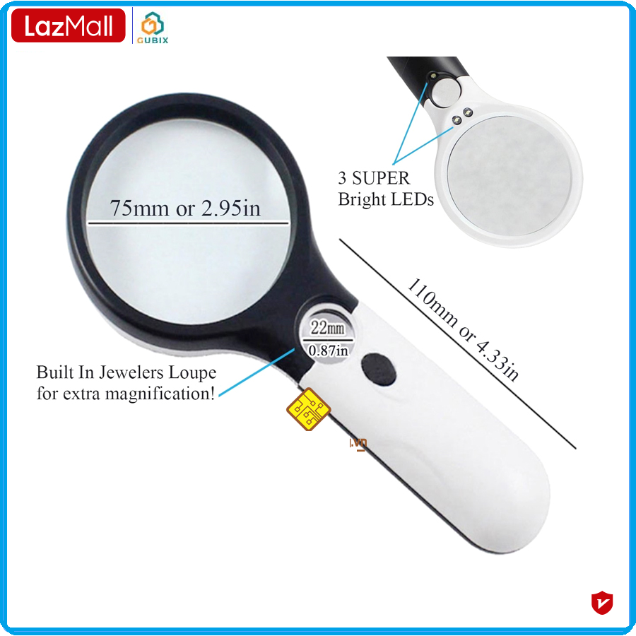 Kính lúp cầm tay chính hãng 2 ống kính quang học với 3 đèn led chiếu sáng - kính lúp 6902a-b có đèn led