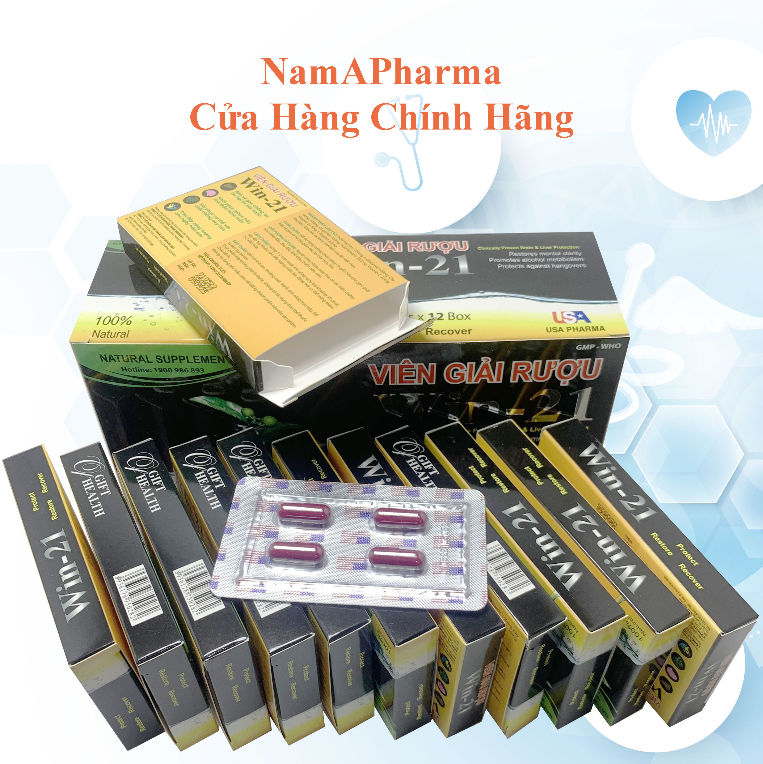 Viên giải rượu Win-21 USA hộp lớn 48V, Uống 2 viên chống say trước khi uống rượu bia, giúp giải rượu nhanh chóng giải độc gan