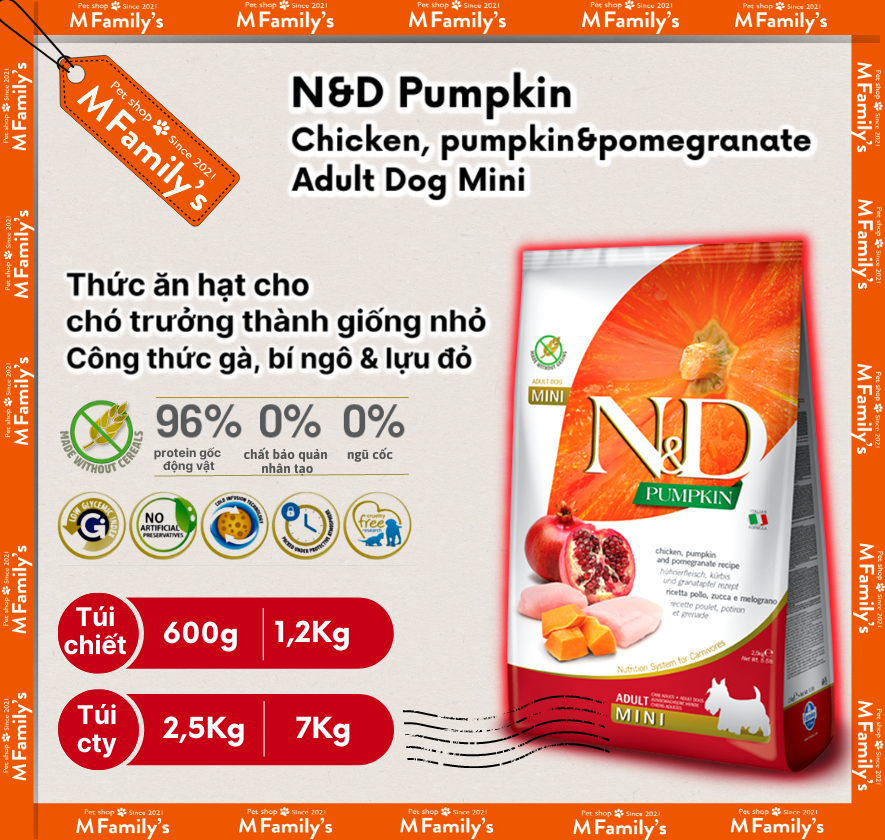 Thức ăn hạt N&D Pumpkin Chó trưởng thành giống nhỏ vị gà&lựu đỏ Farmina