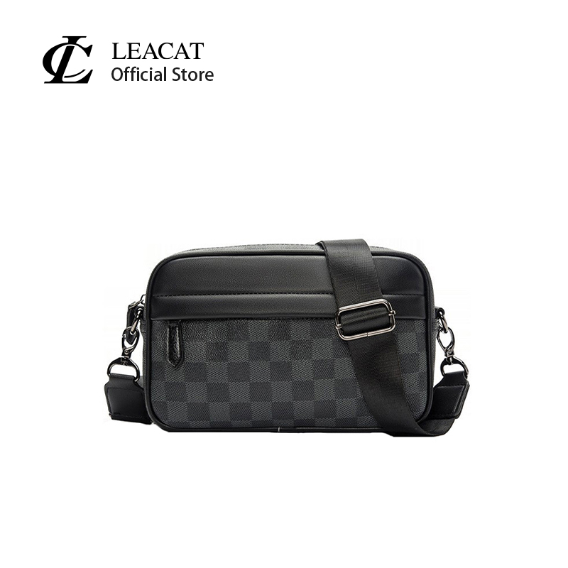 Leacat Small Shoulder Bags For Men Black Pu Leather Crossbody Bag Messenger Grid Sling Bag Fashion Summer Korean Side Bags