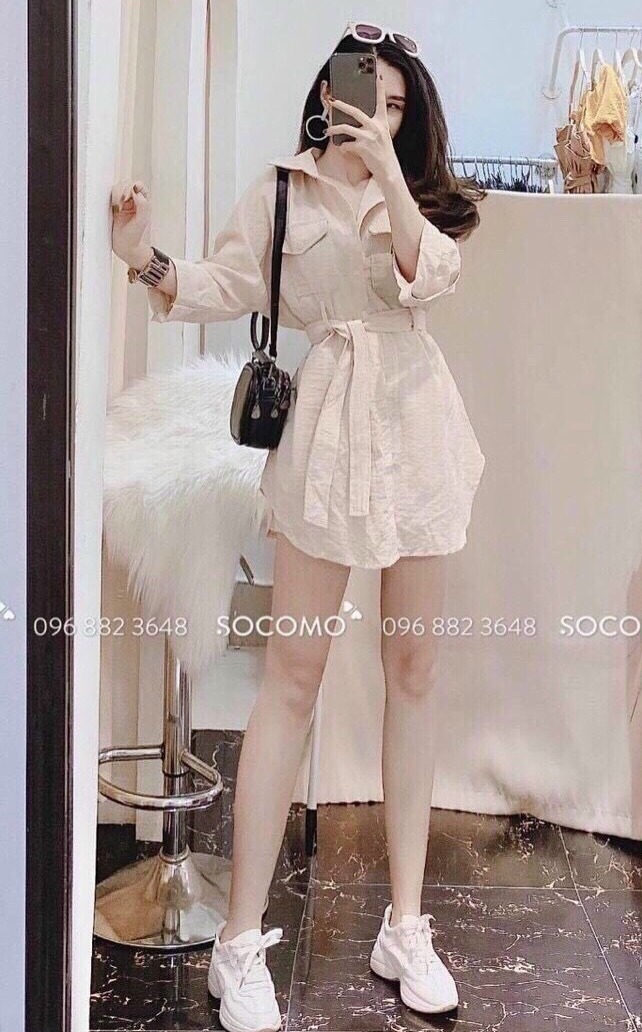 [HCM]Áo sơ mi form dài kèm quần và dây thắt eo xịn sò set ba món hai màu trắng và màu be