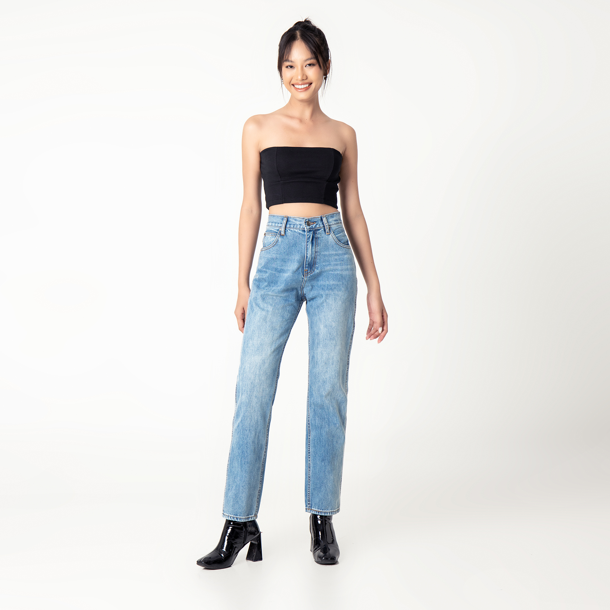 Quần jeans ống đứng nữ lưng cao Aaa Jeans Xanh Sky