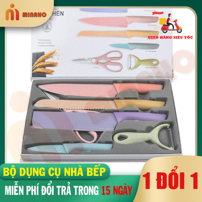 Bộ dao lúa mạch kháng khuẩn 6 món cao cấp - bộ dụng cụ nhà bếp thần thánh minaho